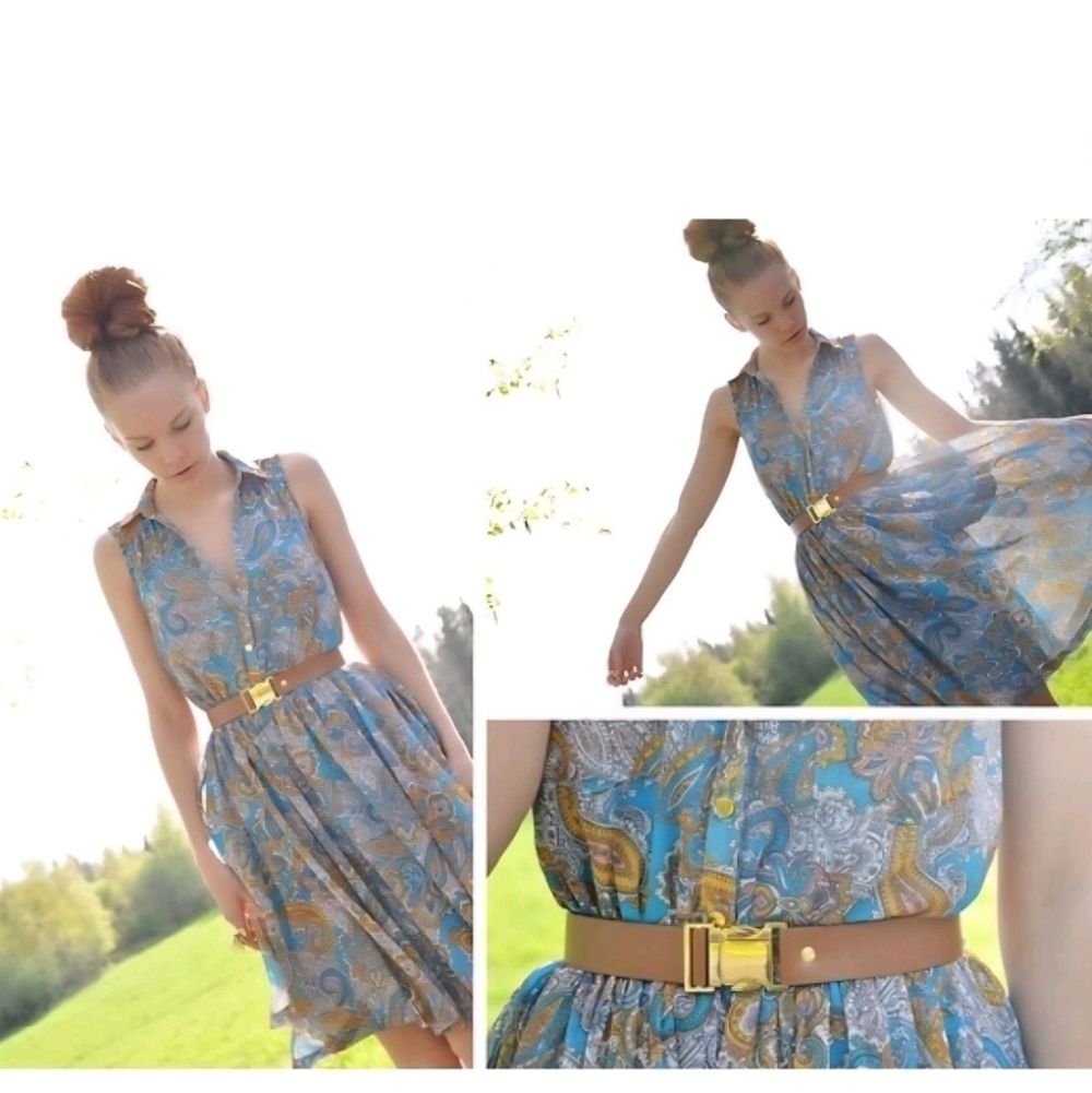 NEW H&M Paisley Sheer Sleevless Belted Midi Fress Blue Festival Boho Fairycore 8 - Picture 2 of 13